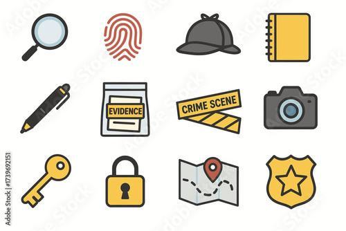 Detective tools and icons collection: magnifying glass, fingerprint, sherlock hat, notebook, camera