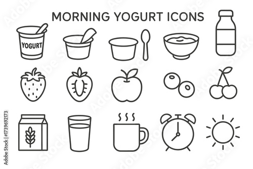 Morning yogurt icons: simple line art of dairy and fruit with coffee and sun