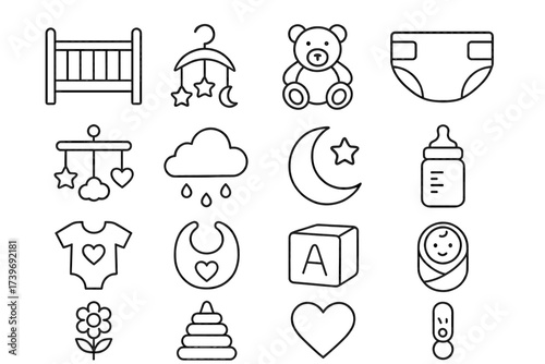 Baby essentials icons set: crib, mobile, teddy bear, diaper, bottle, bib, onesie, rattle