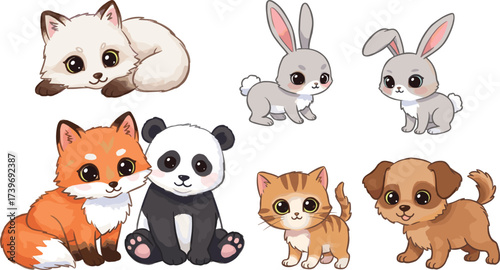 cat, dog, rabbit, fox, panda Cartoon animal character set, cute pets, expressive eyes,