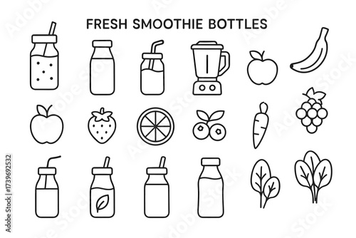 Collection of fresh smoothie bottle icons with fruits and vegetables