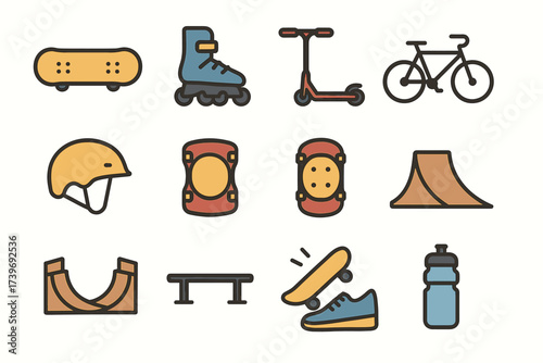 Colorful icons of skateboards, rollerblades, scooters, and bicycles