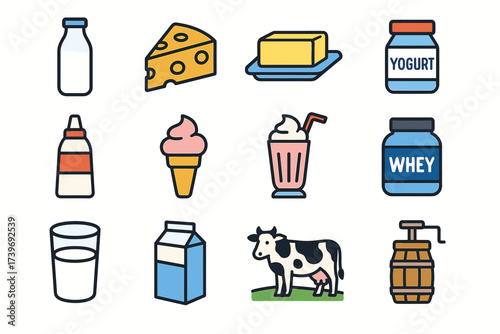 Dairy product illustrations: milk, cheese, butter, yogurt, ice cream, shake, whey, cream, cow