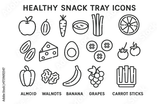 Healthy snack tray icons featuring fruits, vegetables, nuts, and cheese