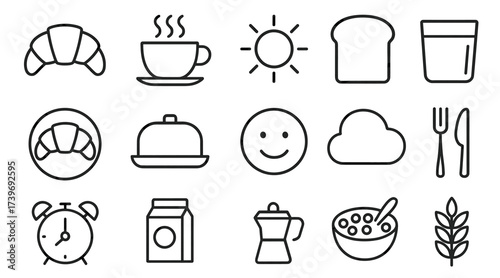Outline icons of breakfast foods and utensils