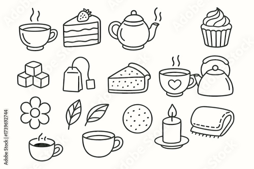 Hand-drawn tea and dessert icons with cakes, cookies, and teapots
