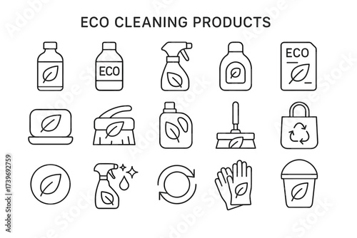 Eco-friendly cleaning products icons: bottles, brushes, and more