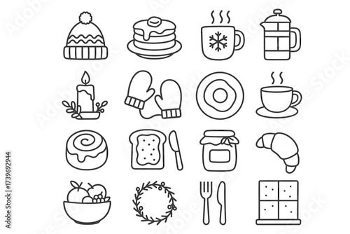Cozy outline icons: winter accessories, breakfast items, and warm beverages