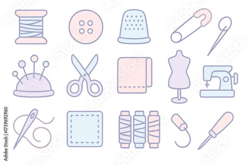 Sewing tools collection: spool, button, thimble, safety pin, needle, scissors, mannequin, machine