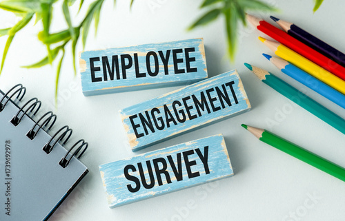 Three wooden blocks with the words employee engagement survey written on them