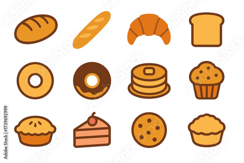 Assorted baked goods icons: bread, croissant, donut, cake, muffin, pie in flat style