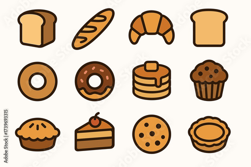 Assorted baked goods icons: bread, pastry, donut, pancake, muffin, pie