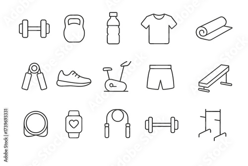 Minimalist gym equipment icons: dumbbell, kettlebell, water bottle, t-shirt, yoga mat, fitness icons