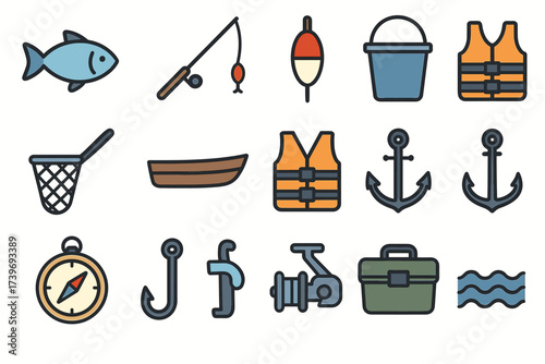 Fishing gear icons: fish, boat, rod, life vest, anchor, compass, tackle box
