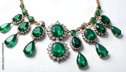 Luxurious Emerald Necklace with Diamond Accents on a White Background