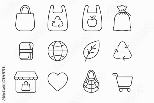 Black and white eco-friendly shopping icons set with tote bags and recycle symbols