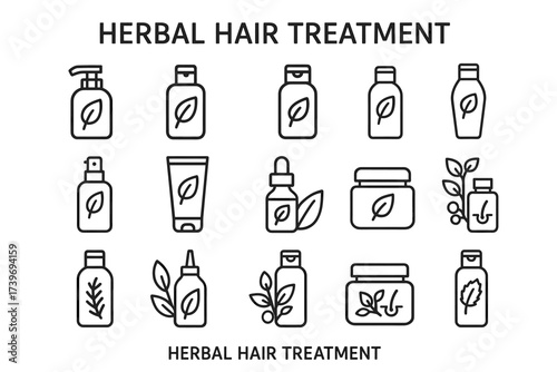 Herbal hair treatment products icon set with natural ingredients