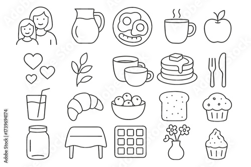 Collection of breakfast and family icons: food, people, and nature illustrations