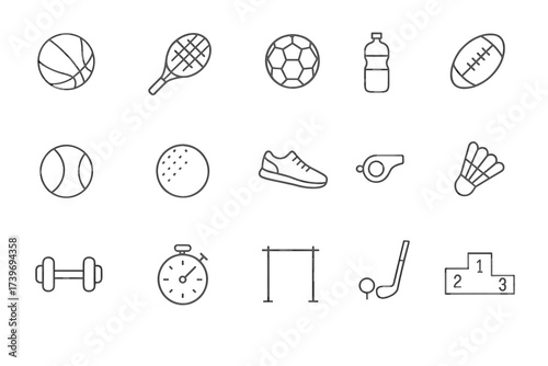 Collection of sports equipment icons including balls, shoe, whistle, and more