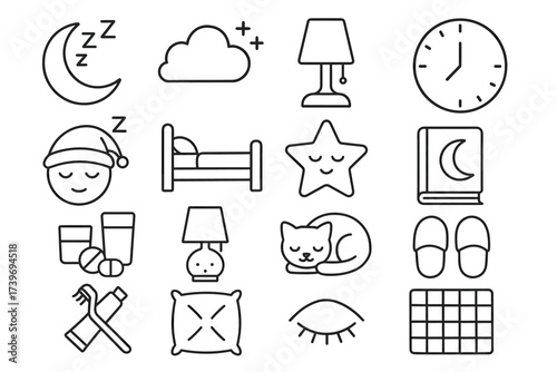Sleep and bedtime icons set: moon, cloud, lamp, clock, bed, star, cat, pillow, eye, slippers