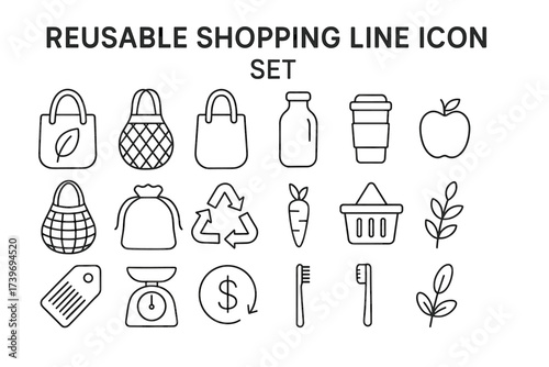 Reusable shopping icons: eco bags, bottles, and sustainable items line set