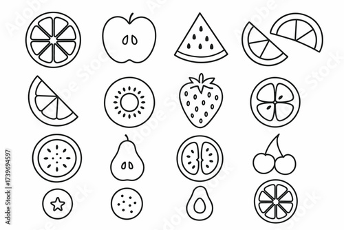 Outline drawings of various fruits including apple, watermelon, and citrus slices