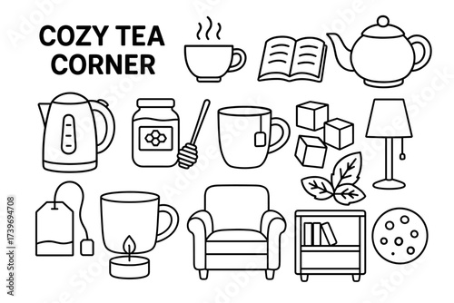 Cozy tea corner: kettle, mug, lamp, chair, tea bag, honey, cookie, book icons