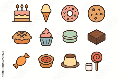 Colorful dessert icons collection: cakes, ice cream, donuts, cookies, and more