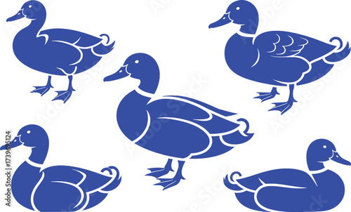 Collection of Blue Duck Silhouettes on White Background