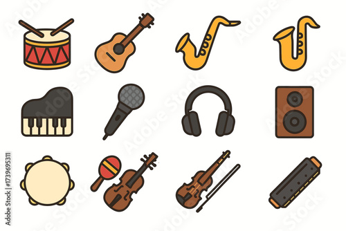 Collection of musical instrument icons featuring guitar, saxophone, piano, and more