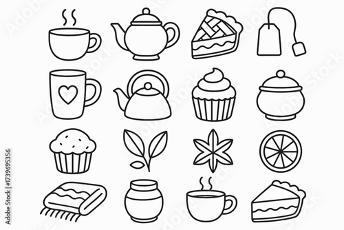 Tea and pastry icons: teapots, cups, slices of pie, muffins, and floral elements