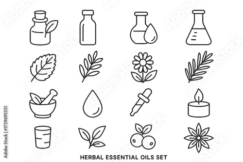 Herbal essential oils set with bottles, leaves, and flowers icons