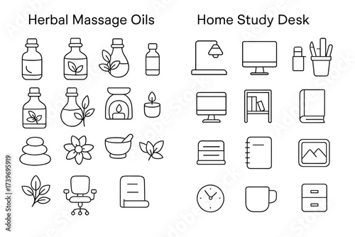 Herbal massage oils and home study desk line icons for wellness and productivity