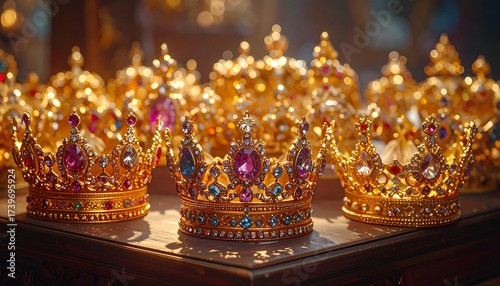 Luxurious Gold Crowns Adorned with Precious Jewels, Fit for Royalty