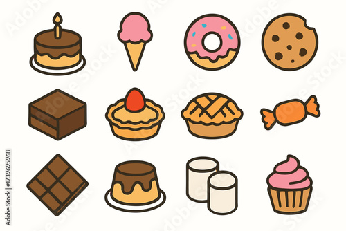 Assorted dessert icons: cake, ice cream, donut, cookie, chocolate, pie, marshmallow