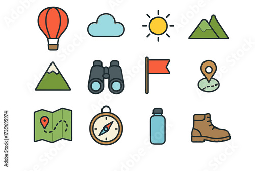 Outdoor adventure icons: hot air balloon, mountains, map, compass, hiking gear