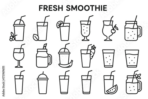 Variety of fresh smoothie icon designs with straw and fruit garnishes