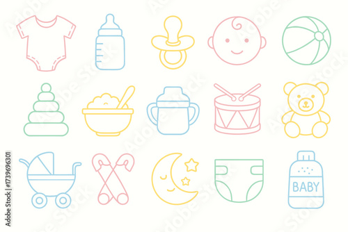 Colorful line art of baby essentials and toys