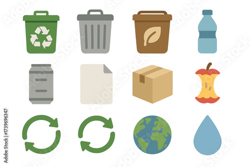 Sustainable recycling icons including bins, earth, and composting symbols