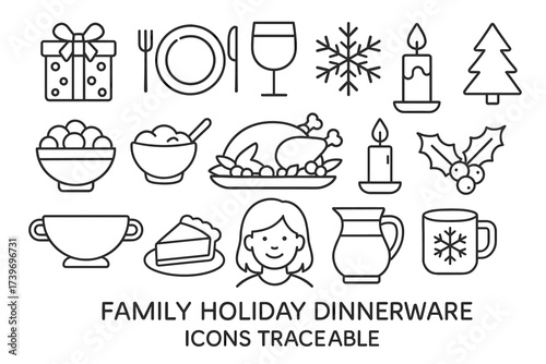 Festive holiday dinnerware icons featuring food, drink, and family elements