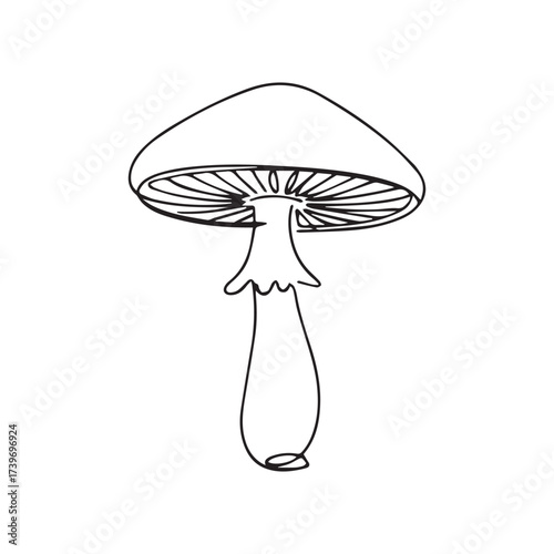 Continuous Simple black line art drawing of a mushroom in a minimalist style on a white background.