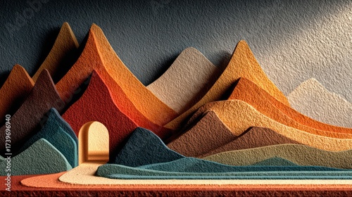 Layered mountain landscape;  a textured,  paper-cut  scene with a light-filled archway