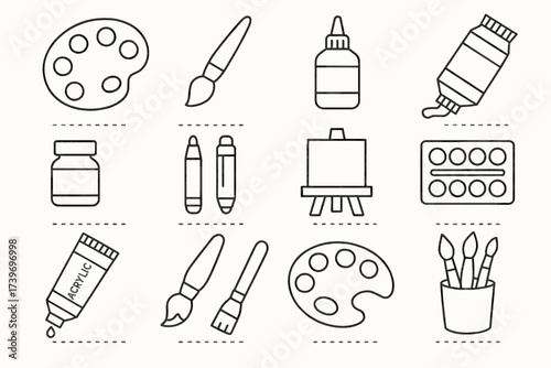 Art supplies line art: brushes, palettes, easels, acrylics, pastels collection