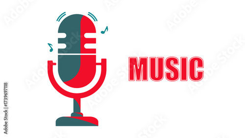 Flat design illustration of a retro microphone with music notes and bold MUSIC text, perfect for music, podcast, and broadcasting themes.