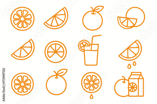 Orange citrus icon set: slices, whole fruit, and juice illustrations