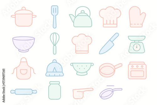 Colorful line art of kitchen utensils and appliances for cooking and baking
