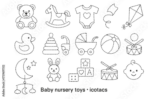 Outline illustrations of baby toys and nursery items in black and white