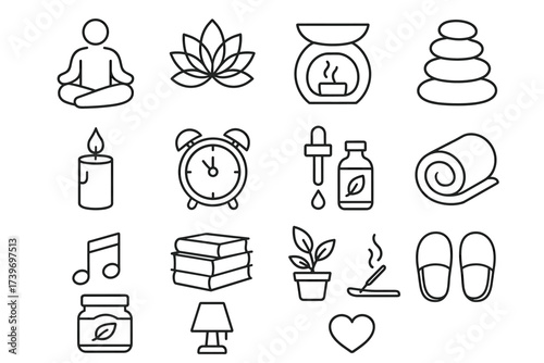 Wellness and relaxation icons: meditation, aromatherapy, and comfort elements