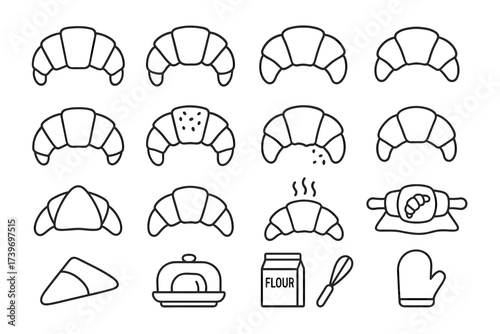 “set of croissant icons with baking tools including rolling pin and oven mitt”