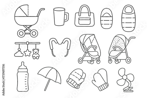 Baby essentials icons featuring stroller, bottles, and accessories